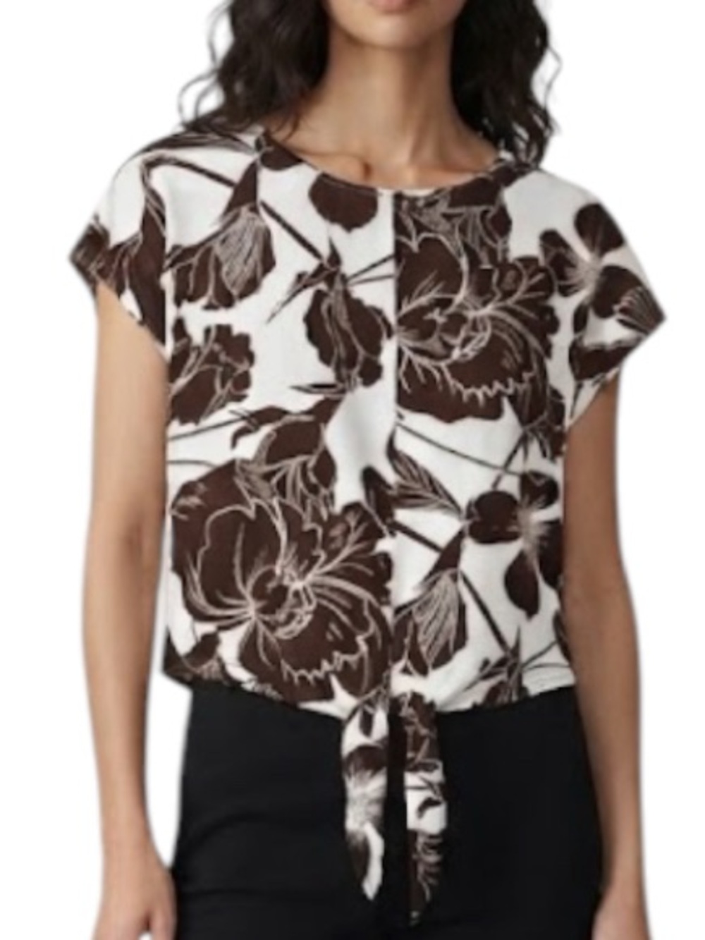 JULES & LEOPARD Ivory Brown Floral Tie Front Top Large L Cap Sleeve Nordstrom